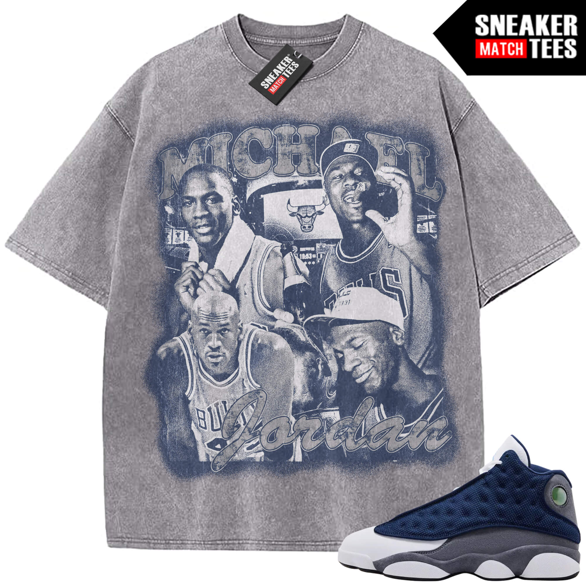 Flint 13 AJ13 Sneaker Match Vintage Wash Tee Light Grey MJ Oversized Print