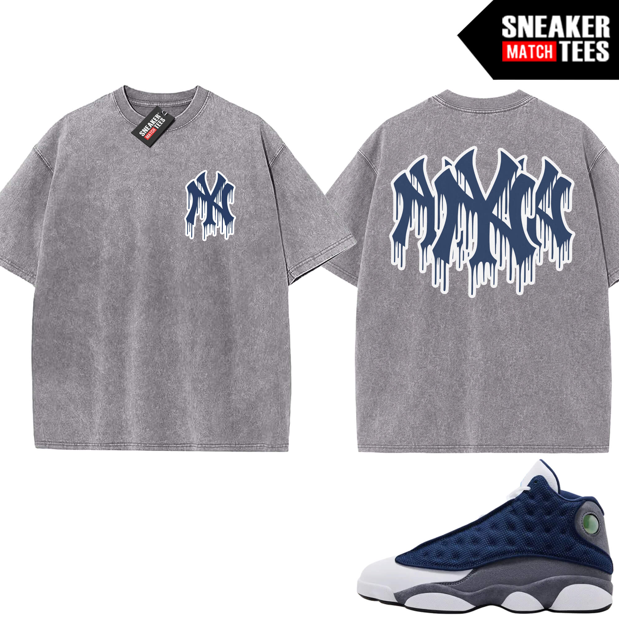 Flint 13 AJ13 Sneaker Match Vintage Wash Tee Light Grey NY Drip Triple Logo V2