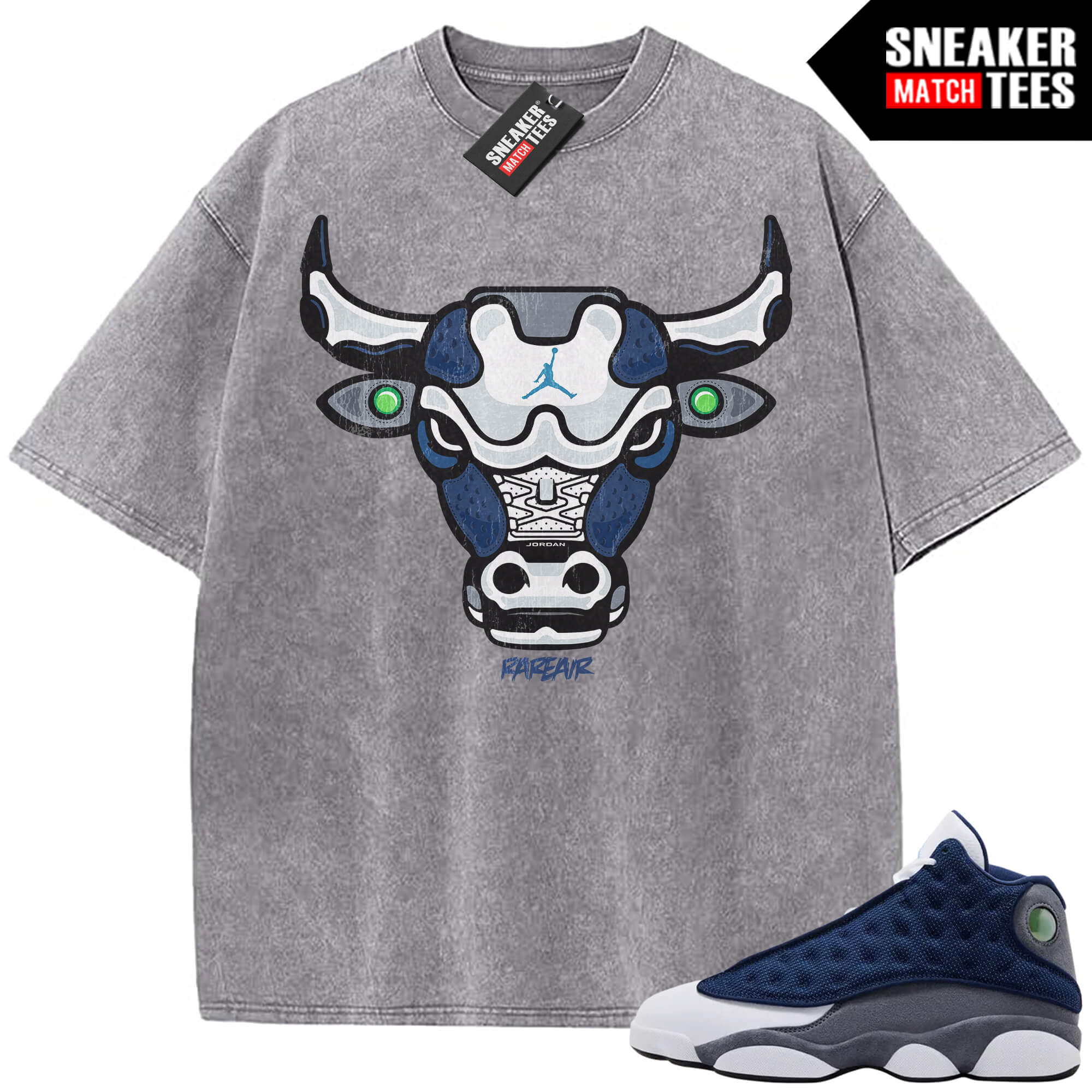 Flint 13 AJ13 Sneaker Match Vintage Wash Tee Light Grey Retro 13 Bull