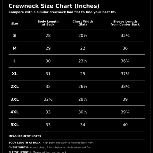 Sneaker Match Tees adult crewneck size chart, sizes Small through 5XL