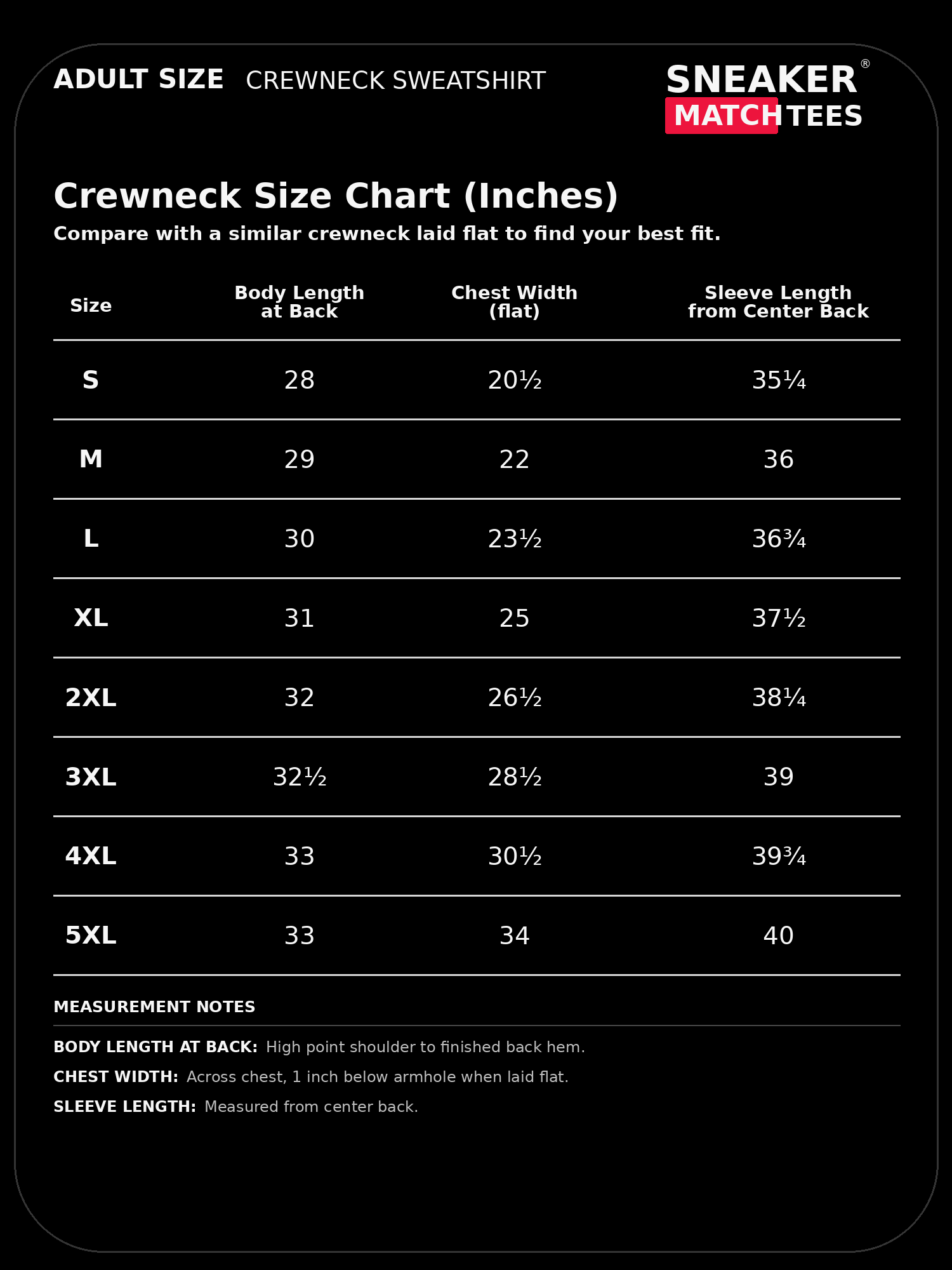 Sneaker Match Tees adult crewneck size chart, sizes Small through 5XL