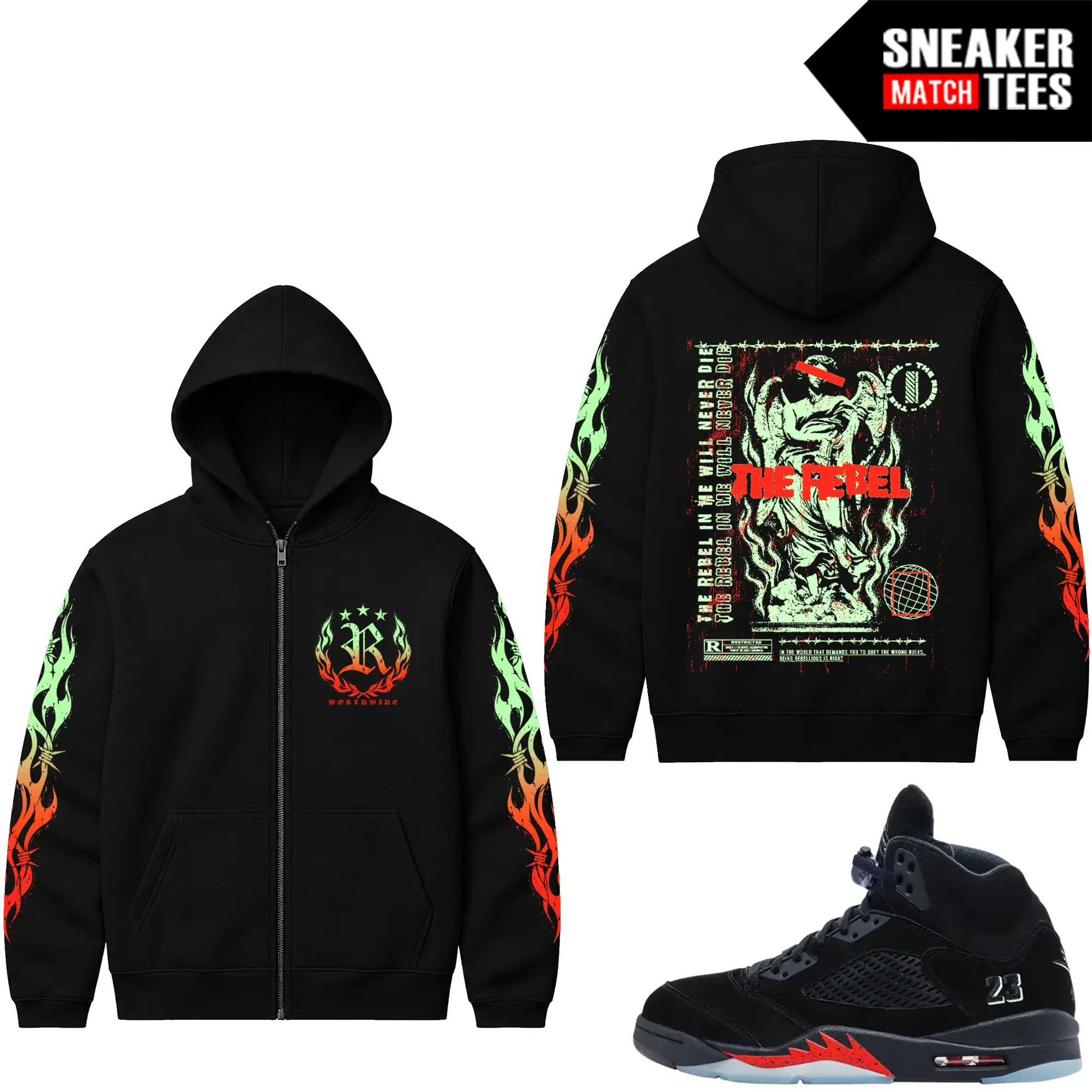 Halloween 5s AJ5 Sneaker Match Zip Up Hoodies Rebel Flame