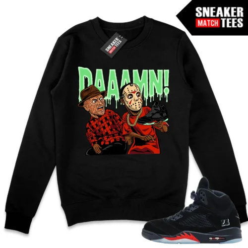 Black DAAAMN Freddy x Jason crewneck sweatshirt with matching Air Jordan 5 Halloween sneaker