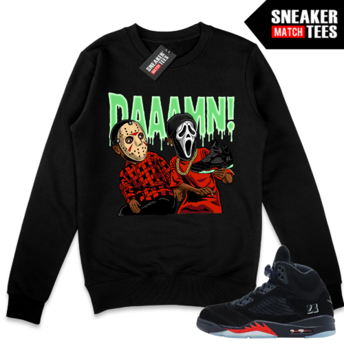 Black DAAAMN Ghost Face x Jason crewneck sweatshirt with matching Air Jordan 5 Halloween sneaker