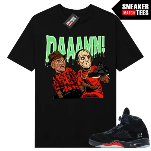 Black Halloween 5s Jason x Freddy DAAAMN Sneaker Match Tee front print mockup
