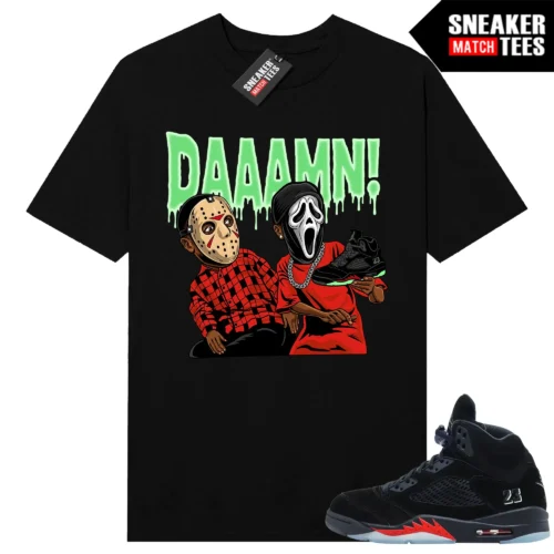 Black Halloween 5s Jason x Ghostface DAAAMN Sneaker Match Tee front print mockup