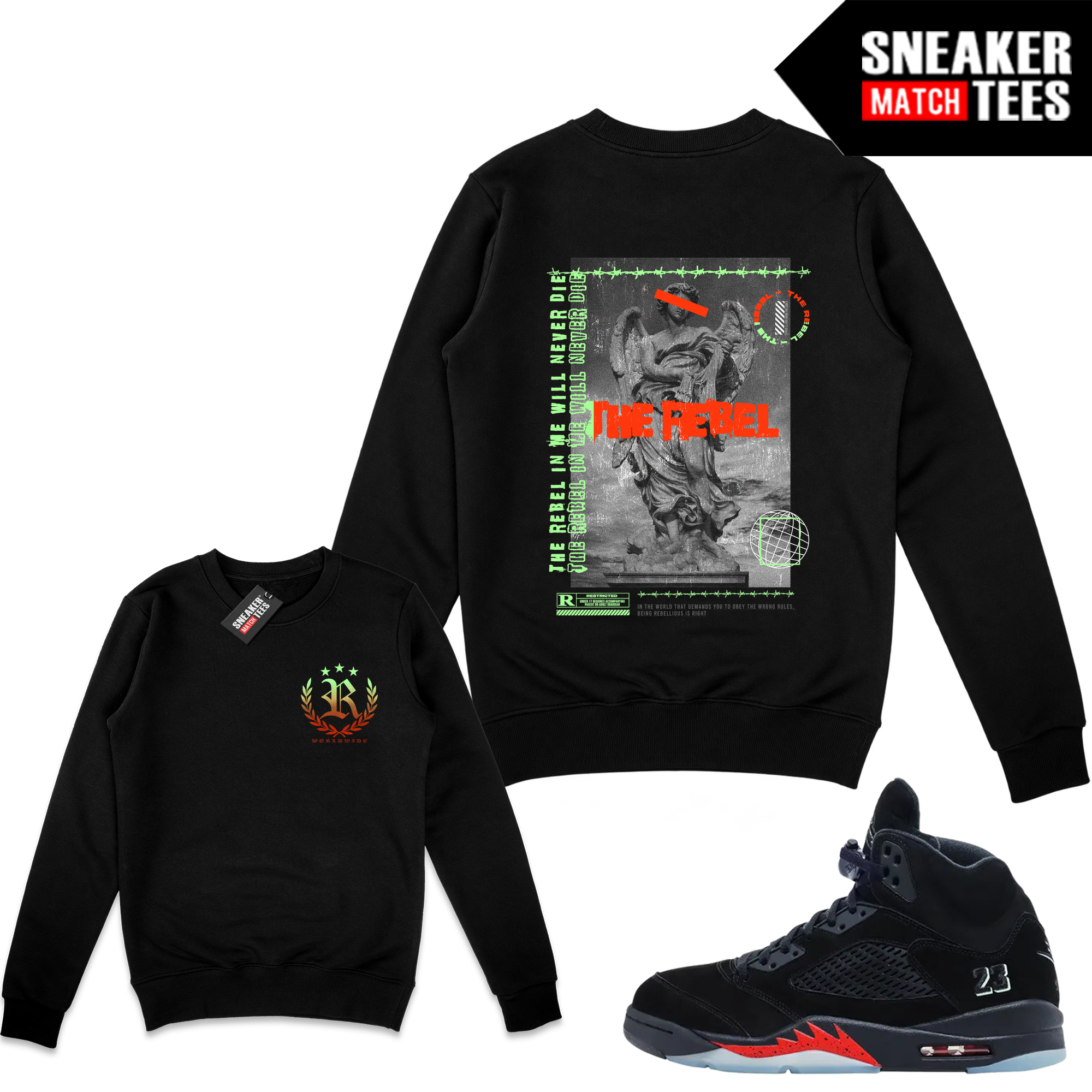 Halloween 5s Rebel black crewneck sweatshirt shown front and back beside matching Air Jordan 5 sneakers